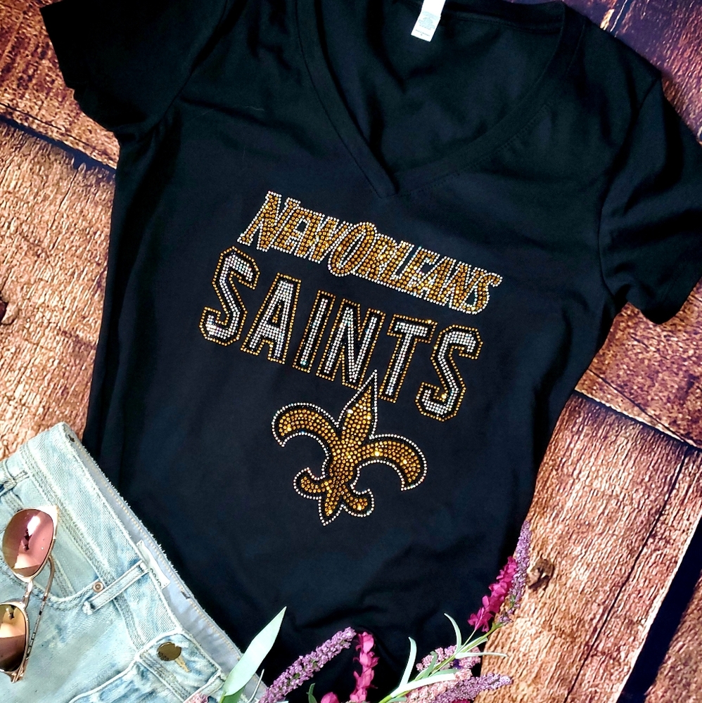 New Women's New Orleans Saints Rhinestone V-Neck - Picture 3 of 5